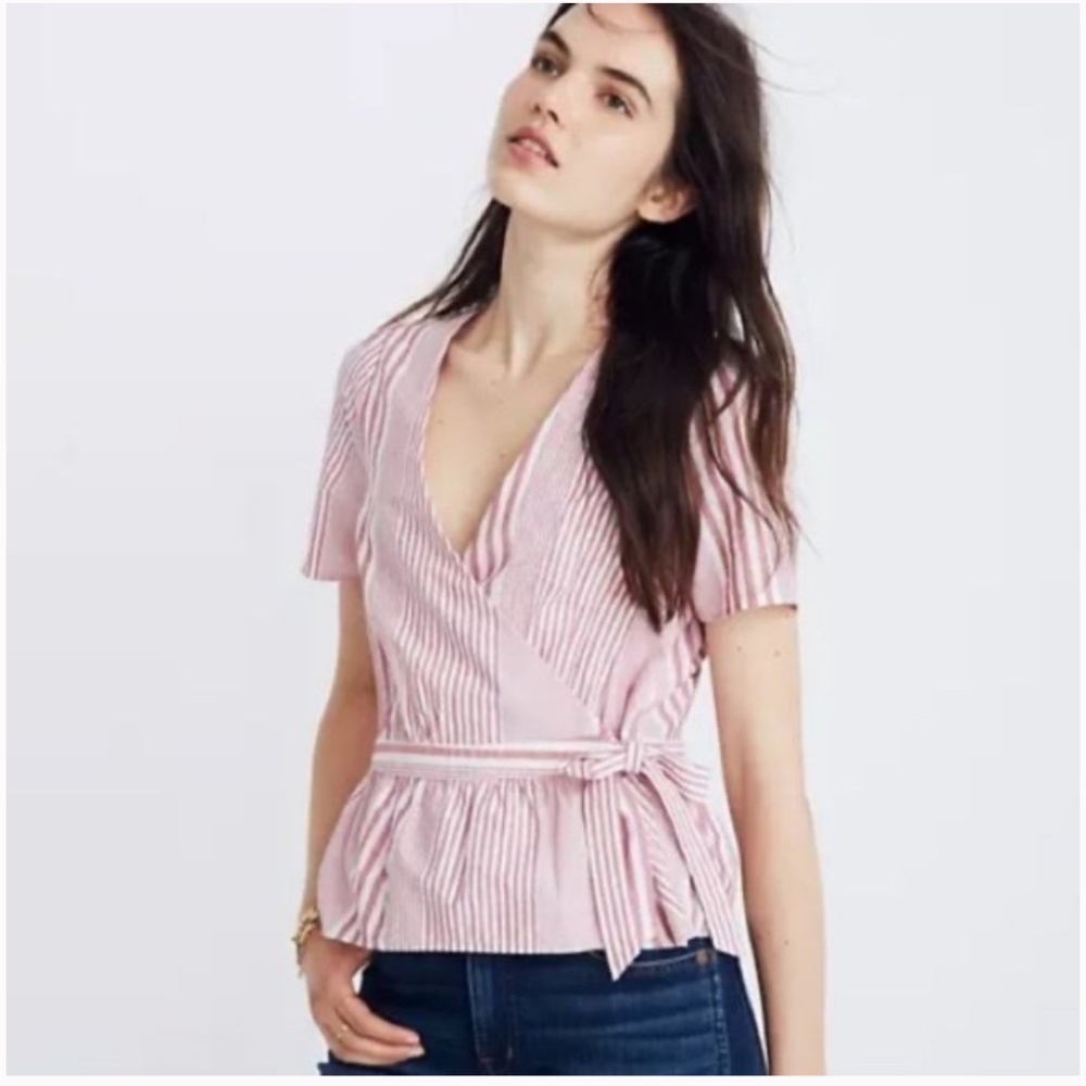 ❤️🤍 Madewell Cotton Ruffle-Hem Wrap Top in Stripe Mix, M